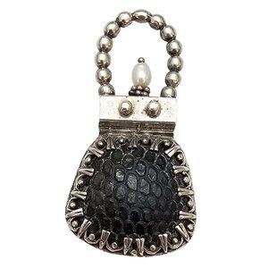 Elyn Blake Sterling Silver Handbag Brooch Pendant Genuine Pearl Pin Signed, C791